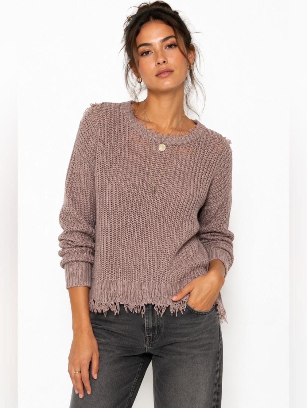 Rag Poets Distressed Open Knit Sweater Mauve Size M